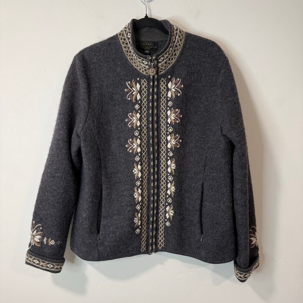 Icelandic‎ Design Women's Wool Jacket Lined Artisan Floral Embroidery Gray Large